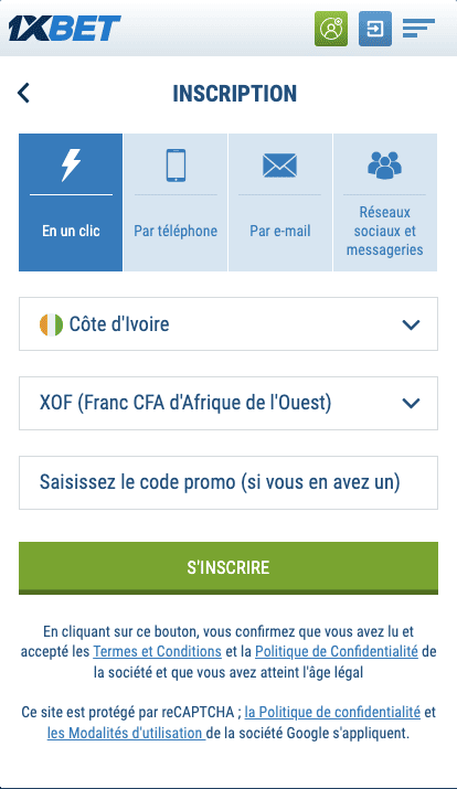 App 1xbet inscription.